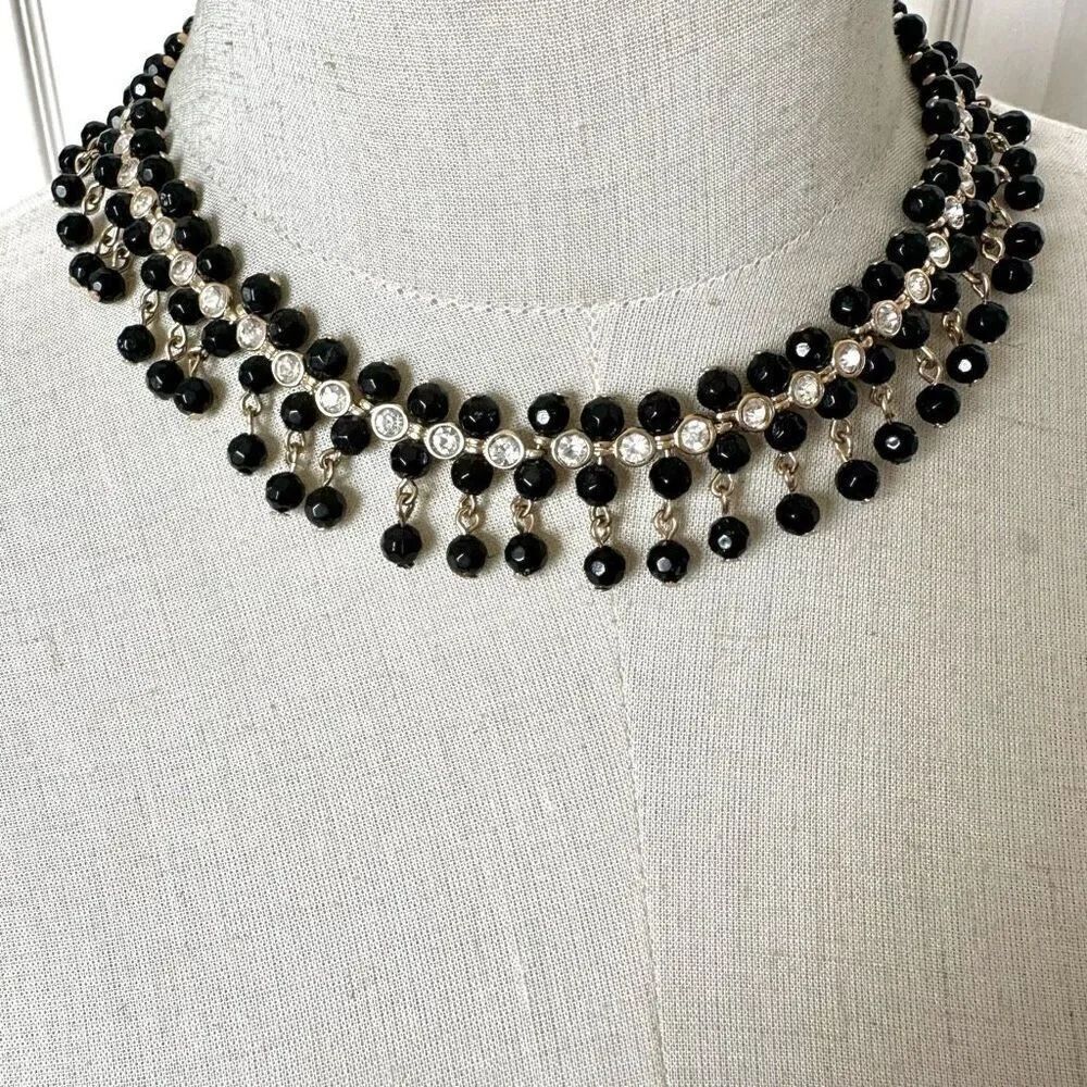 Avon black beaded rhinestone collar necklace